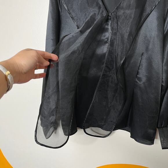 Vintage Satin Blouse Womens Whimsigoth Top L Witchy Long Sleeve V Neck Black - Picture 3 of 6